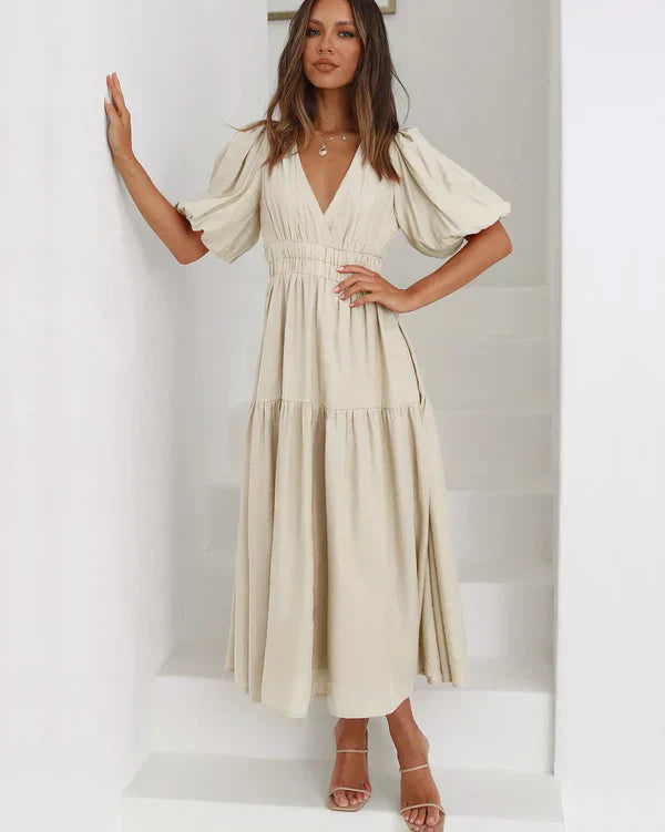 LM | Dress with V-neck and elastic waistband