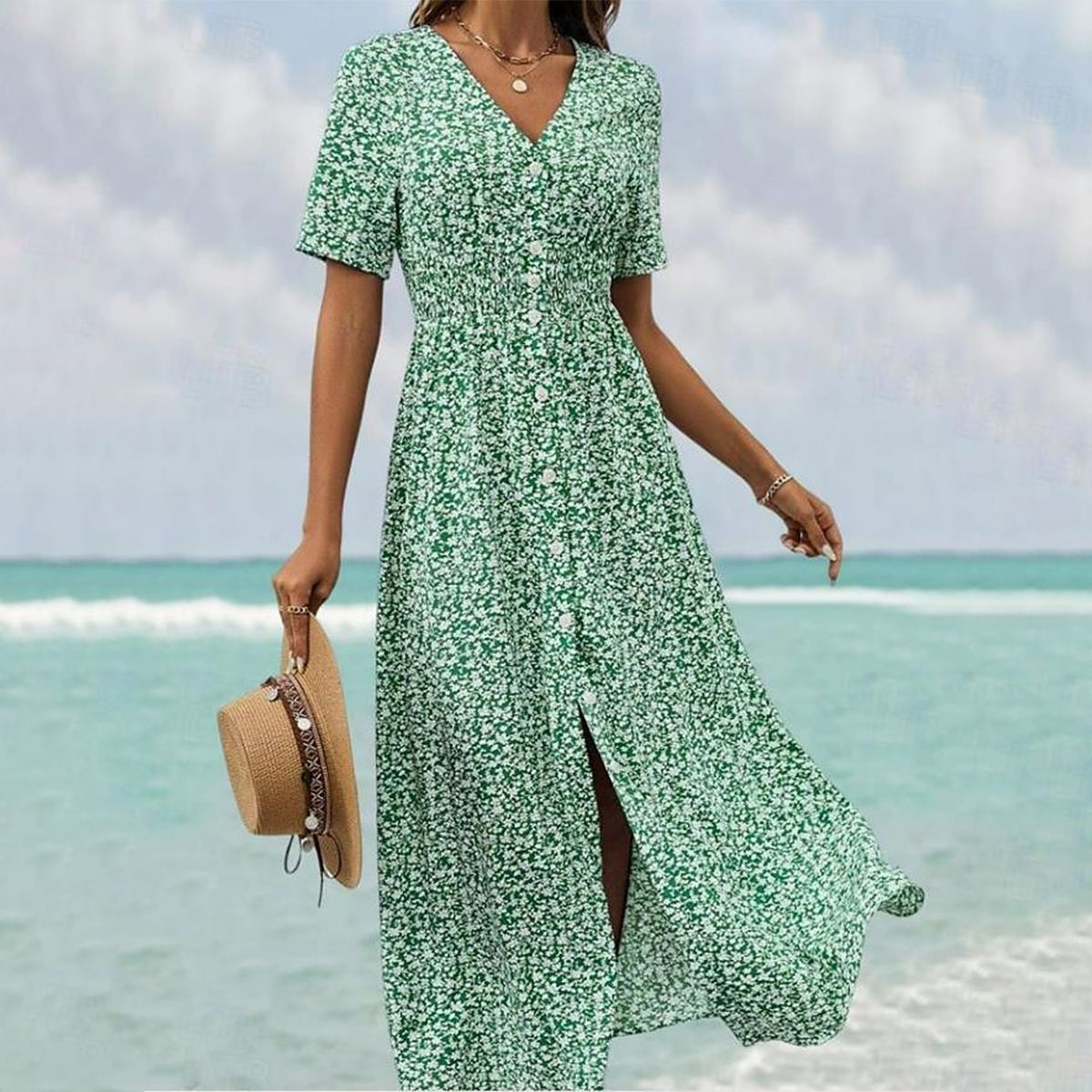 LM | Grace - airy maxi dress with short sleeves and V-neckline