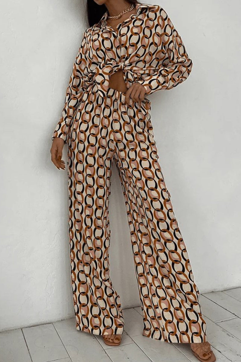 LM | Casual Geometric print Buttons Turn-down collar Long sleeve Two-piece