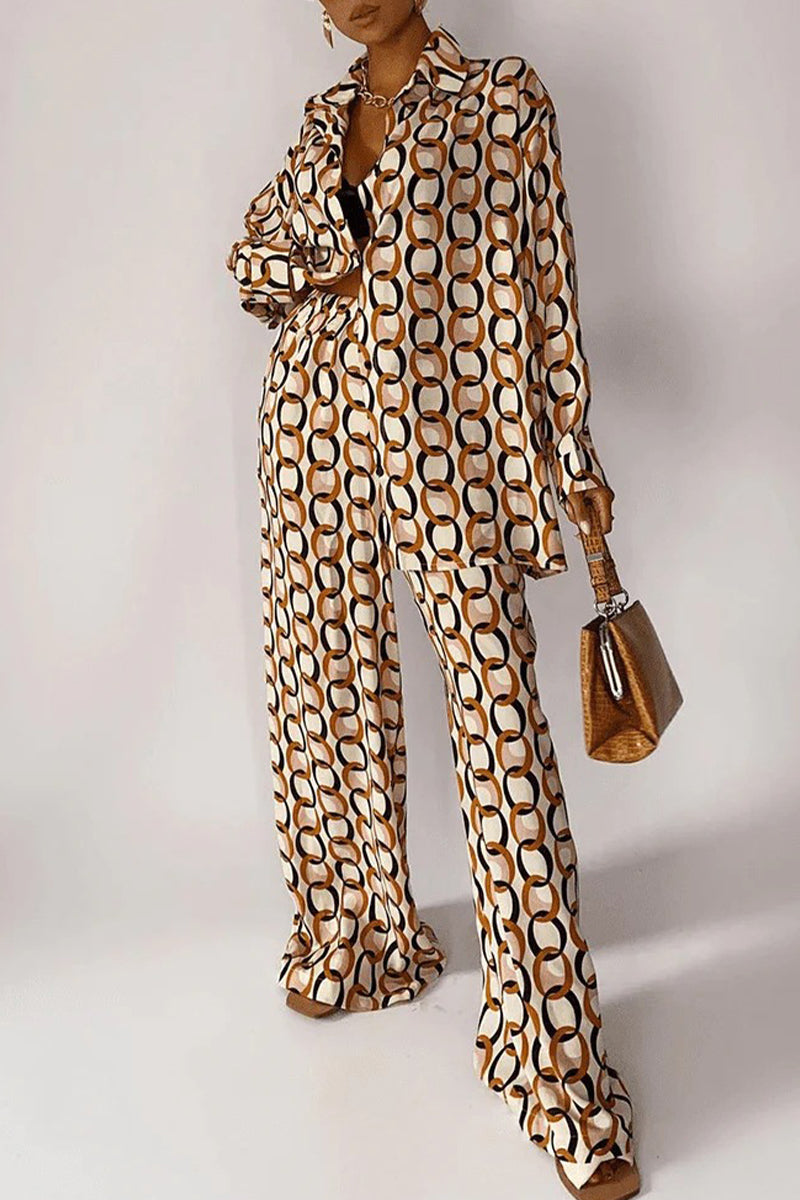 LM | Casual Geometric print Buttons Turn-down collar Long sleeve Two-piece