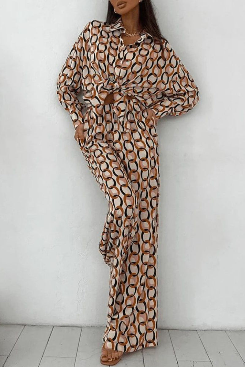LM | Casual Geometric print Buttons Turn-down collar Long sleeve Two-piece