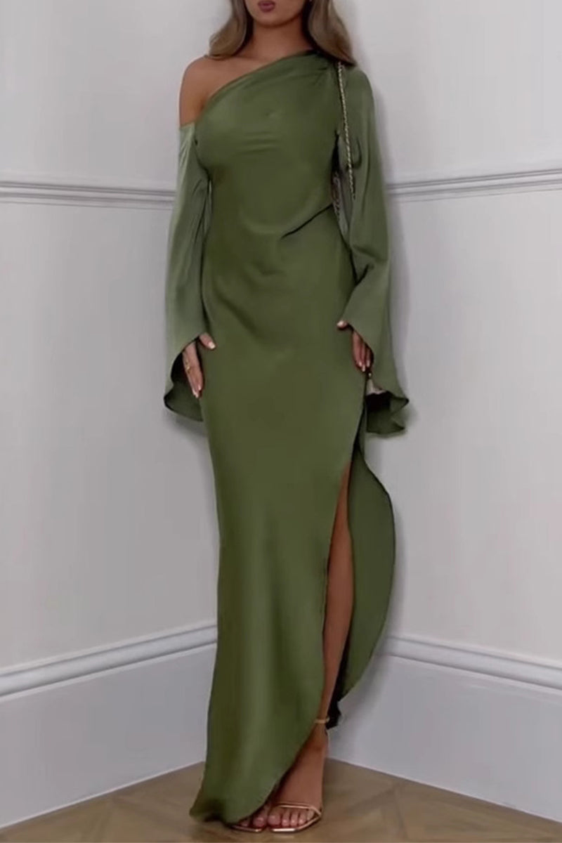 LM | Elegant Slit Irregular Slanted Shoulder Long Dresses