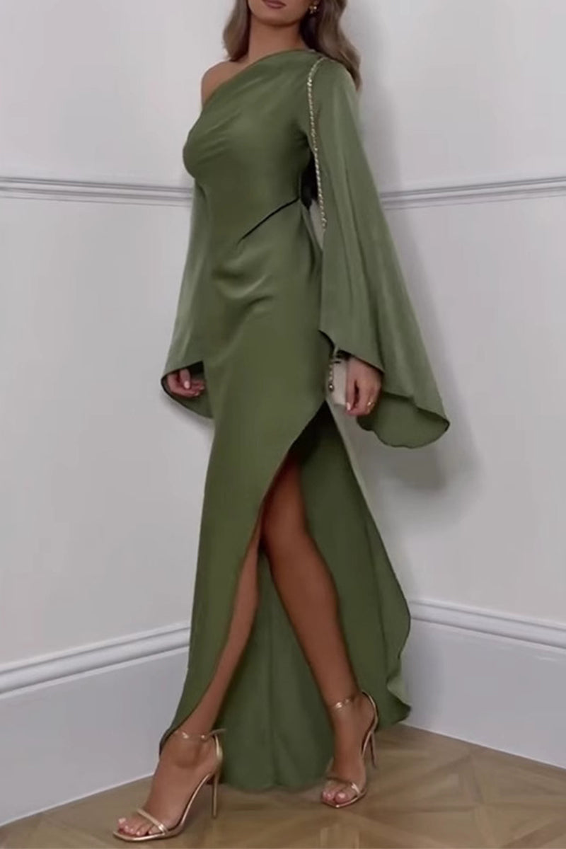 LM | Elegant Slit Irregular Slanted Shoulder Long Dresses