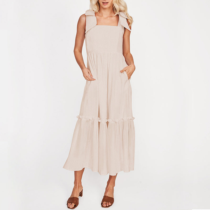 LM | Ladies One Color Tie Shoulder Ruffle Hem Maxi Dress