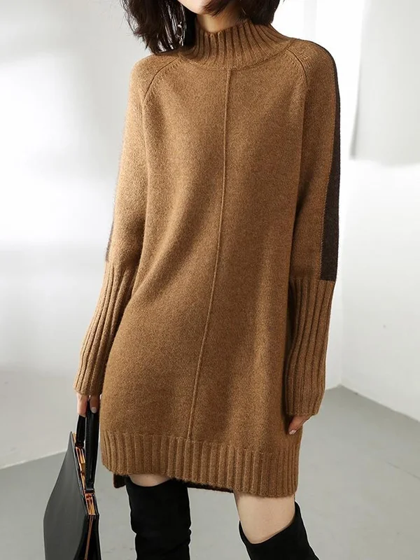 LM | Pullover dress with half stand-up collar, long sleeves and contrasting colors, wide style for casual elegance