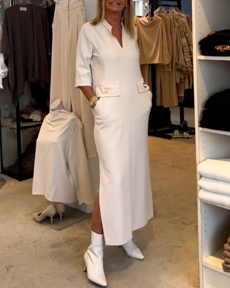 LM | Els|Single-colored dress with 3/4 sleeve slit