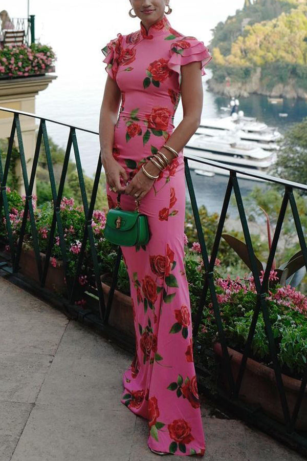 LM | Long cheongsam-style dress with floral print in pink with overlapping, flared sleeves and stretchy material