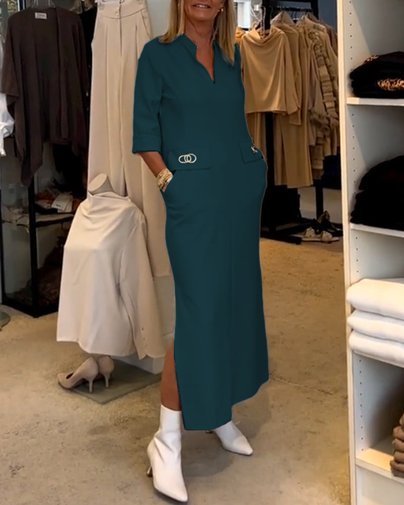 LM | Els|Single-colored dress with 3/4 sleeve slit