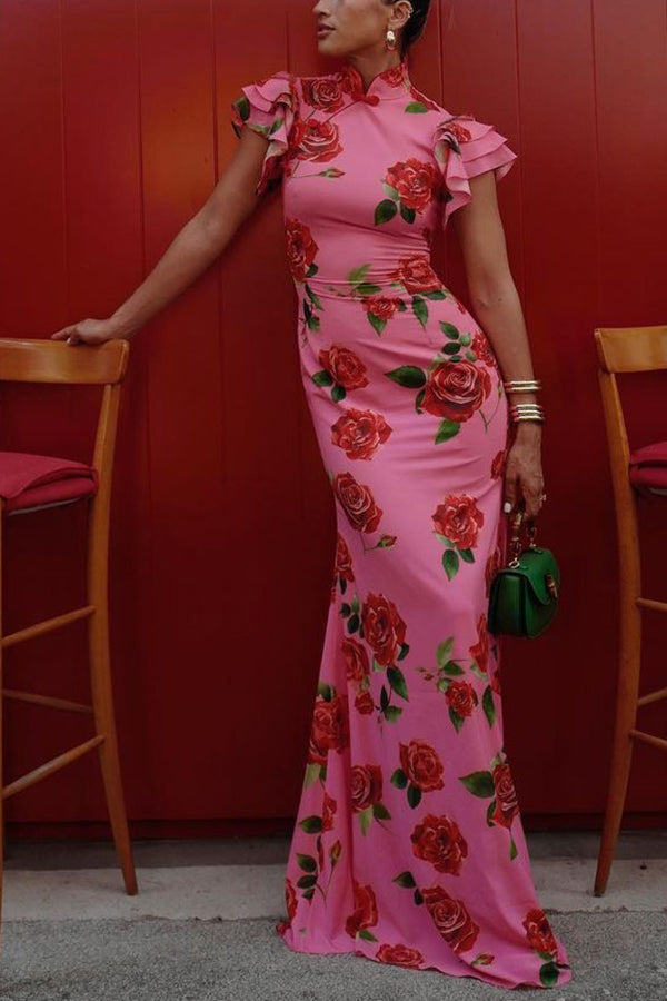 LM | Long cheongsam-style dress with floral print in pink with overlapping, flared sleeves and stretchy material