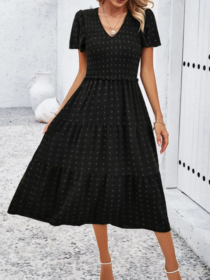 LM | Simple casual dress with V-neck and short sleeves