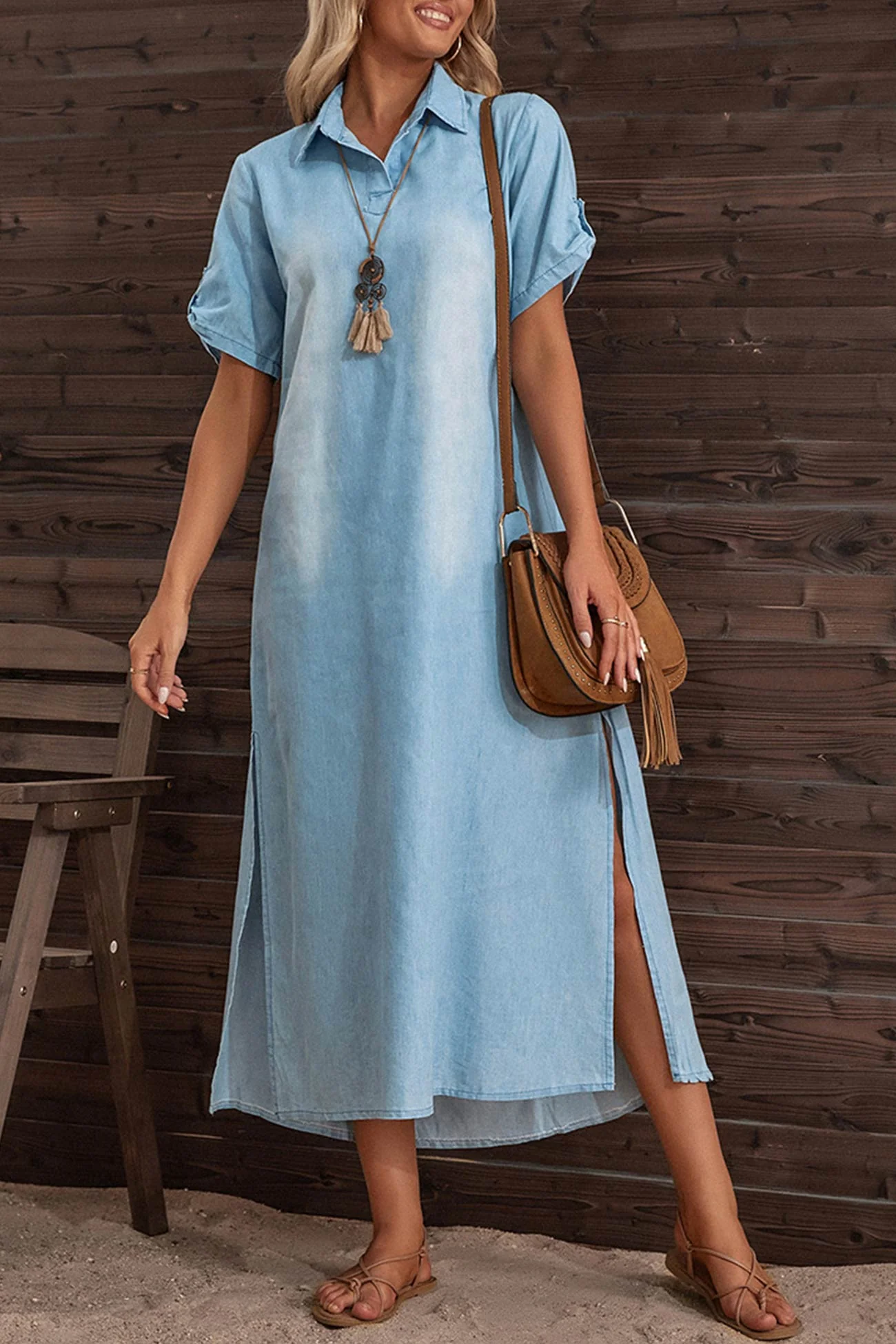 LM | Short-sleeved denim dress with lapels and side slits