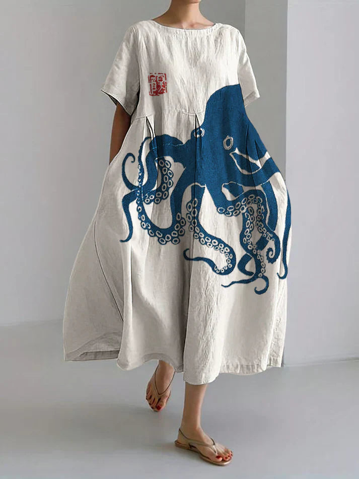 LM | long dress made of half-linen with Japanese pattern made of octopus linen