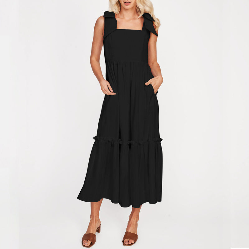 LM | Ladies One Color Tie Shoulder Ruffle Hem Maxi Dress