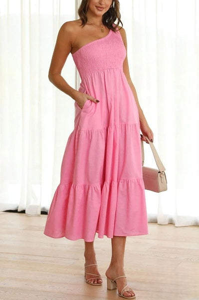 LM | Asymmetric midi dress with open shoulders and pockets