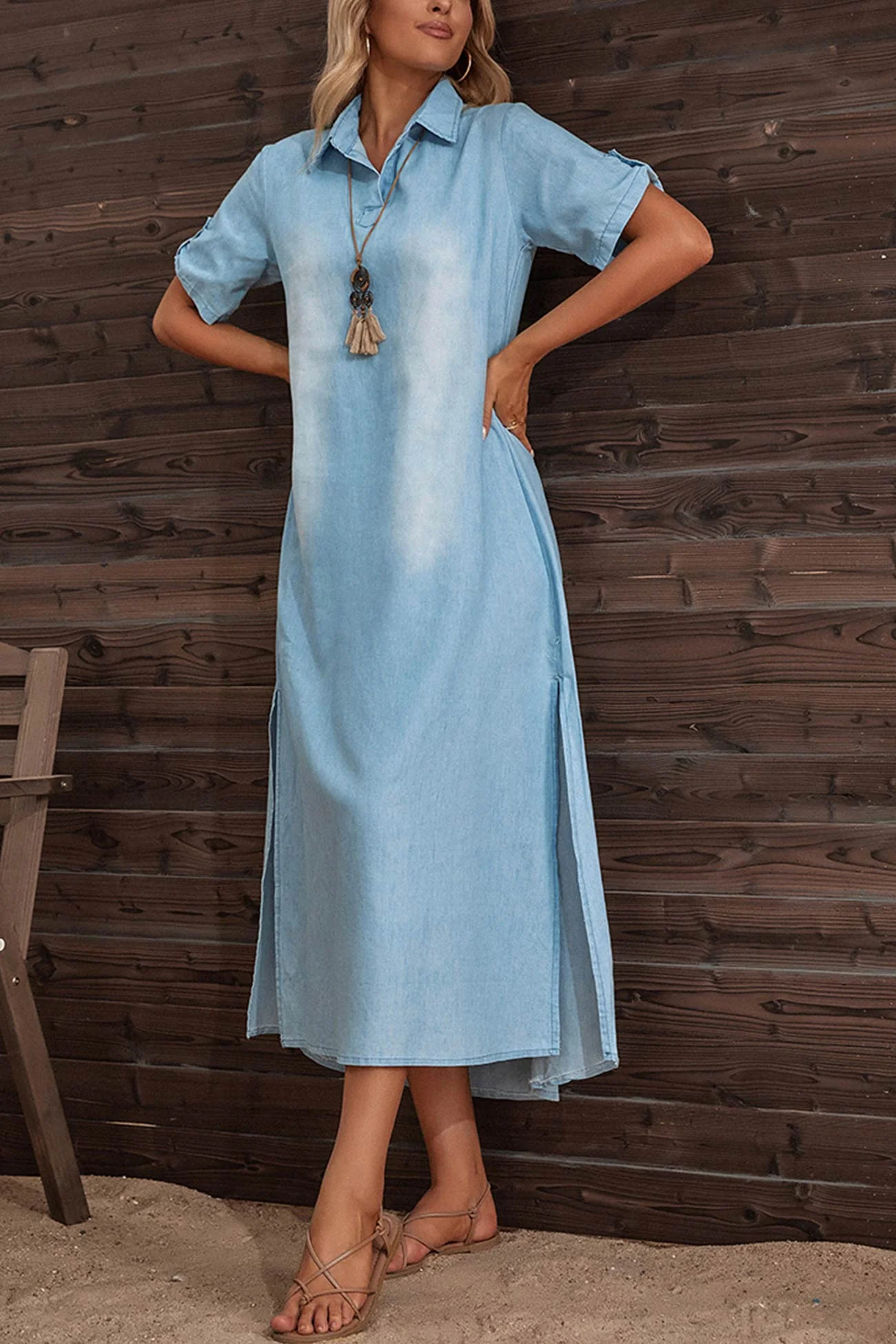 LM | Short-sleeved denim dress with lapels and side slits