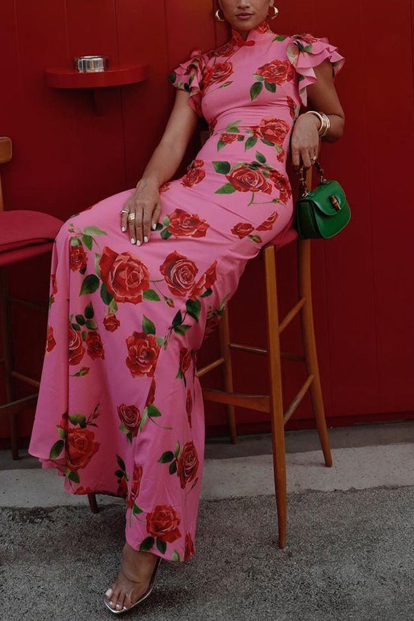 LM | Long cheongsam-style dress with floral print in pink with overlapping, flared sleeves and stretchy material