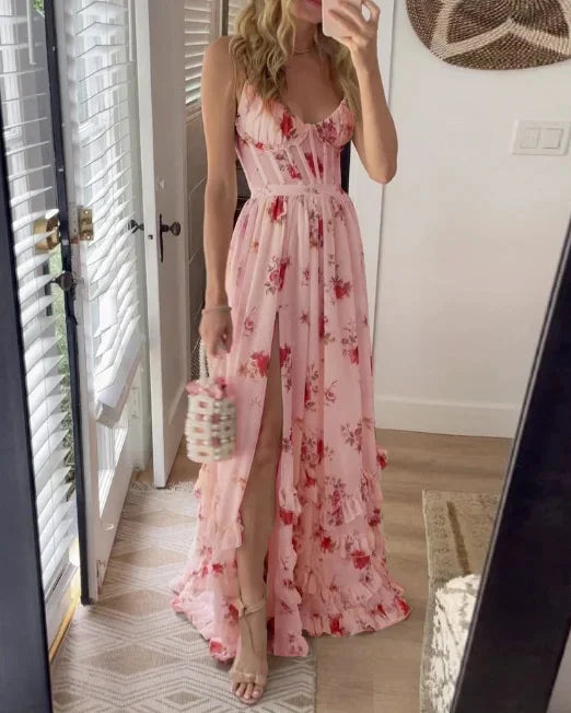 LM | Maxi dress with floral pleated slit