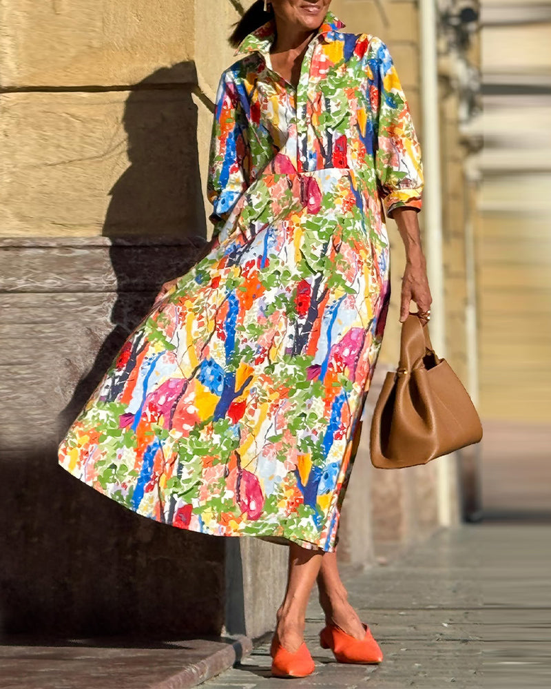 LM | Lapel From Clothing Fashion Half Sleeve Printed Swing