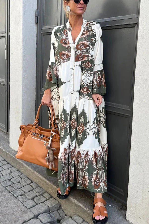 LM | Gracie Paisley Print Button Up Bell Sleeve A-line Maxi Dress