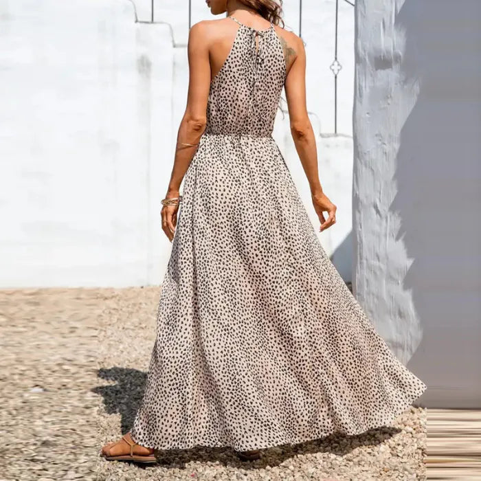 LM | Summer dress with leopard print with halter collar and sleeveless, narrow waist and slit, for women