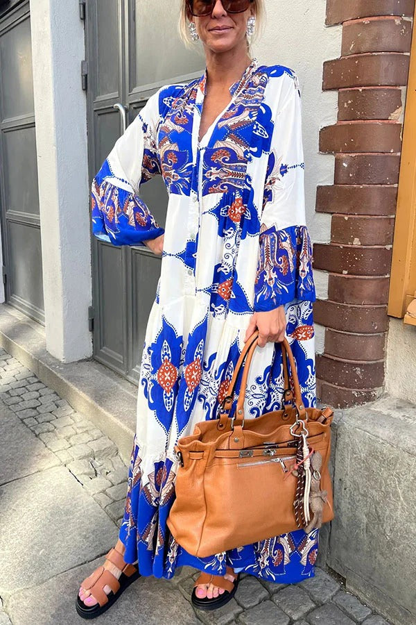 LM | Gracie Paisley Print Button Up Bell Sleeve A-line Maxi Dress