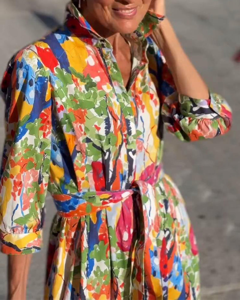 LM | Lapel From Clothing Fashion Half Sleeve Printed Swing