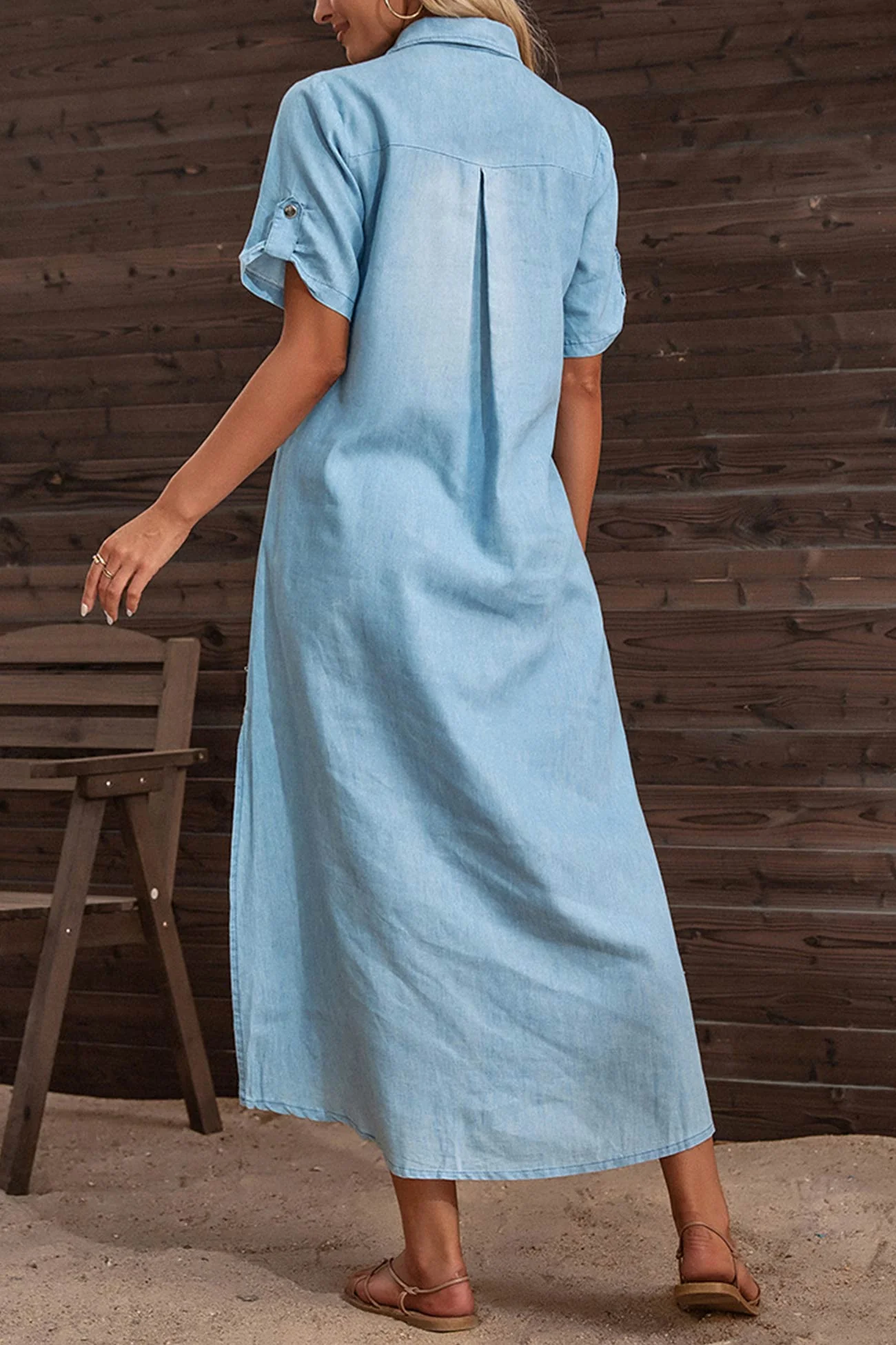 LM | Short-sleeved denim dress with lapels and side slits