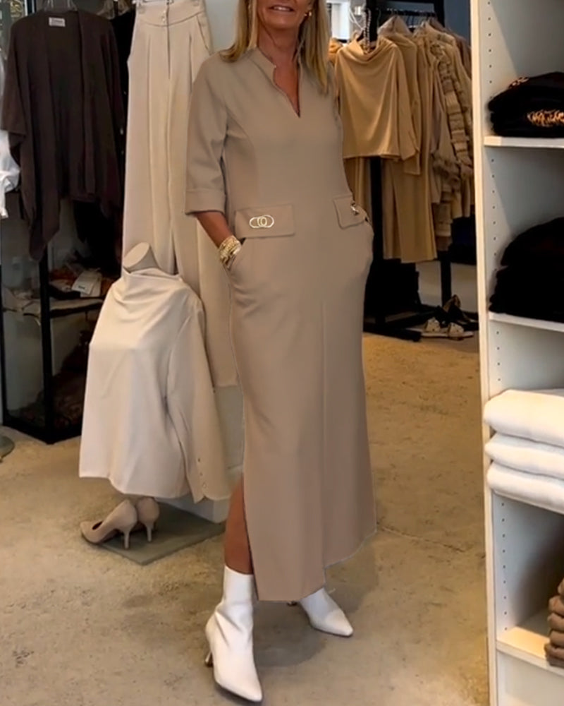 LM | Els|Single-colored dress with 3/4 sleeve slit