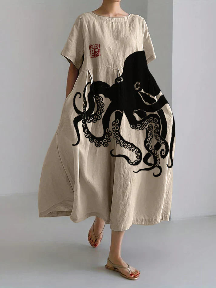 LM | long dress made of half-linen with Japanese pattern made of octopus linen