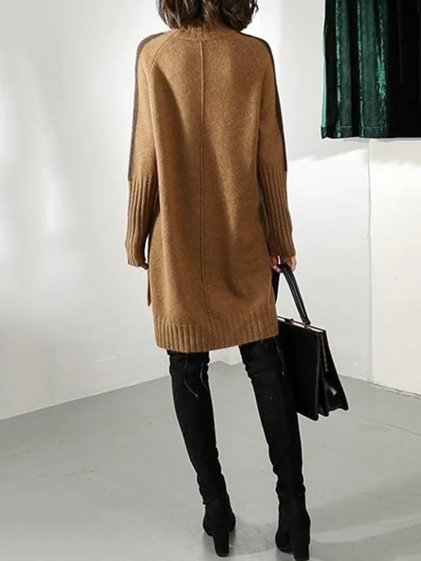 LM | Pullover dress with half stand-up collar, long sleeves and contrasting colors, wide style for casual elegance
