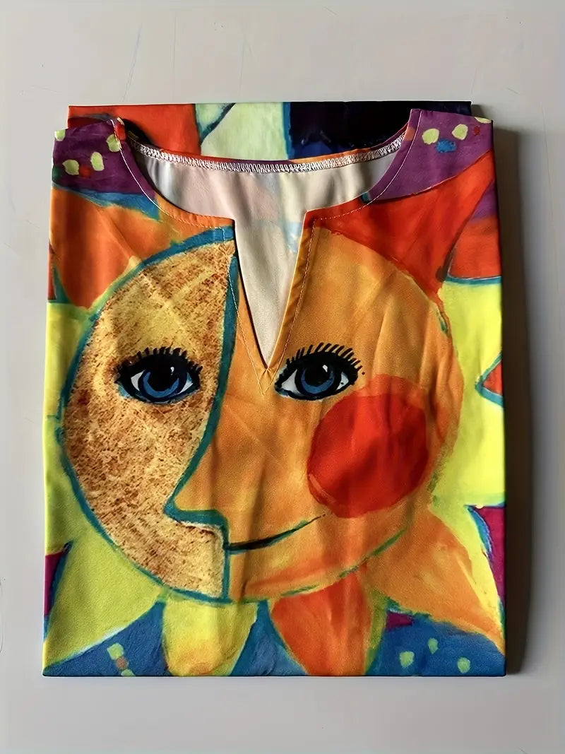 LM | Colorful cat art V-neck sleeveless midi dress for women