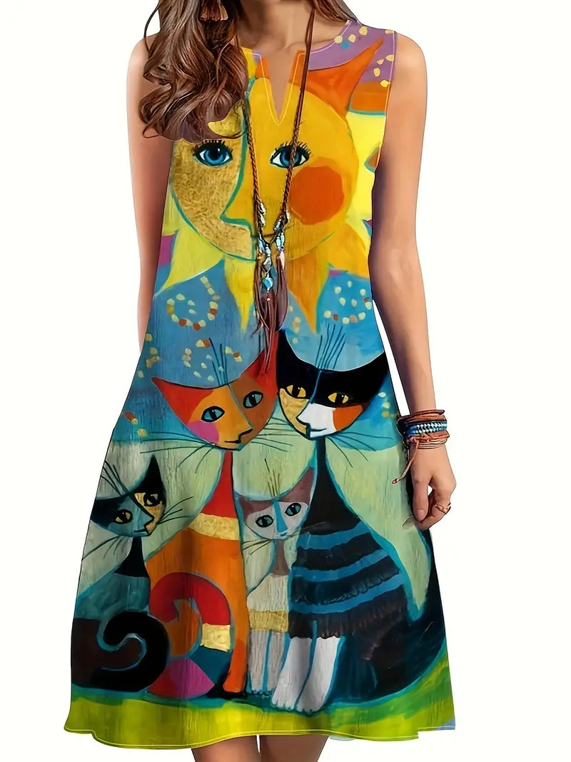 LM | Colorful cat art V-neck sleeveless midi dress for women