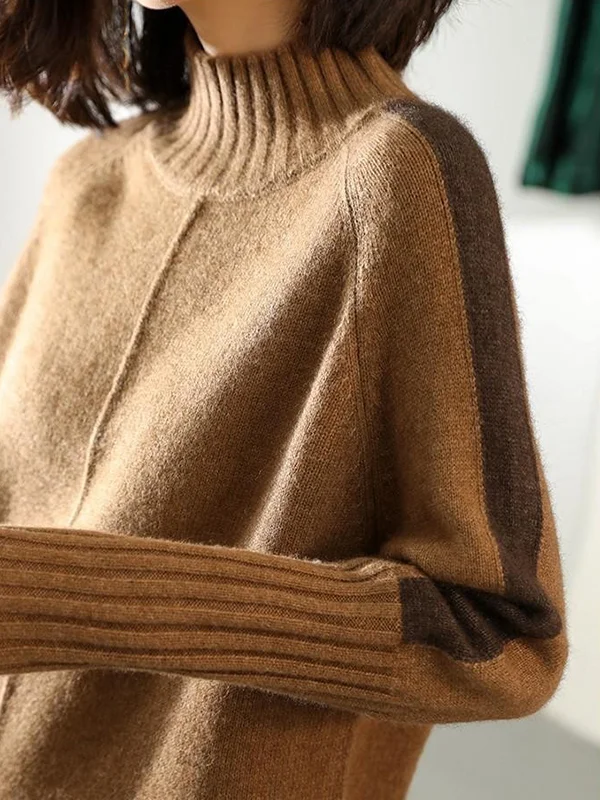 LM | Pullover dress with half stand-up collar, long sleeves and contrasting colors, wide style for casual elegance