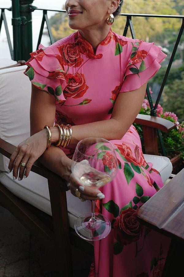LM | Long cheongsam-style dress with floral print in pink with overlapping, flared sleeves and stretchy material