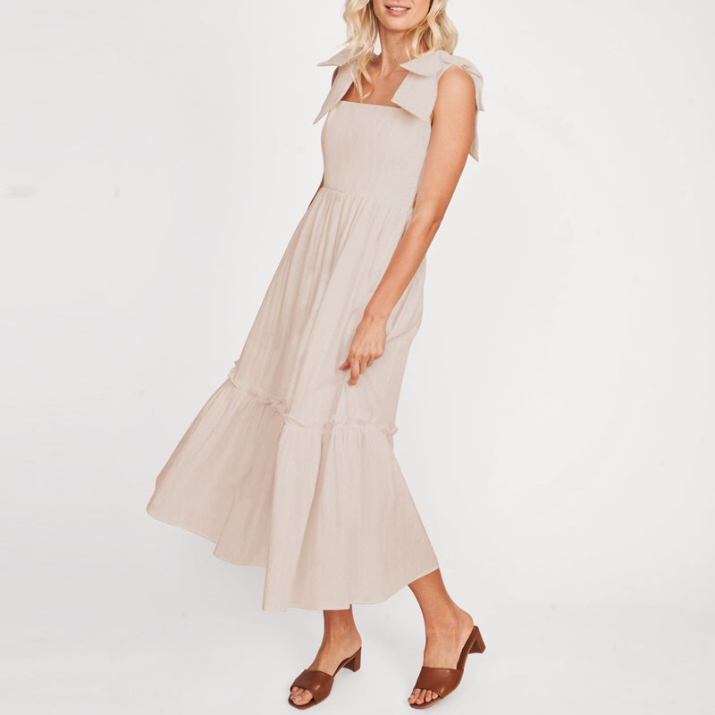 LM | Ladies One Color Tie Shoulder Ruffle Hem Maxi Dress