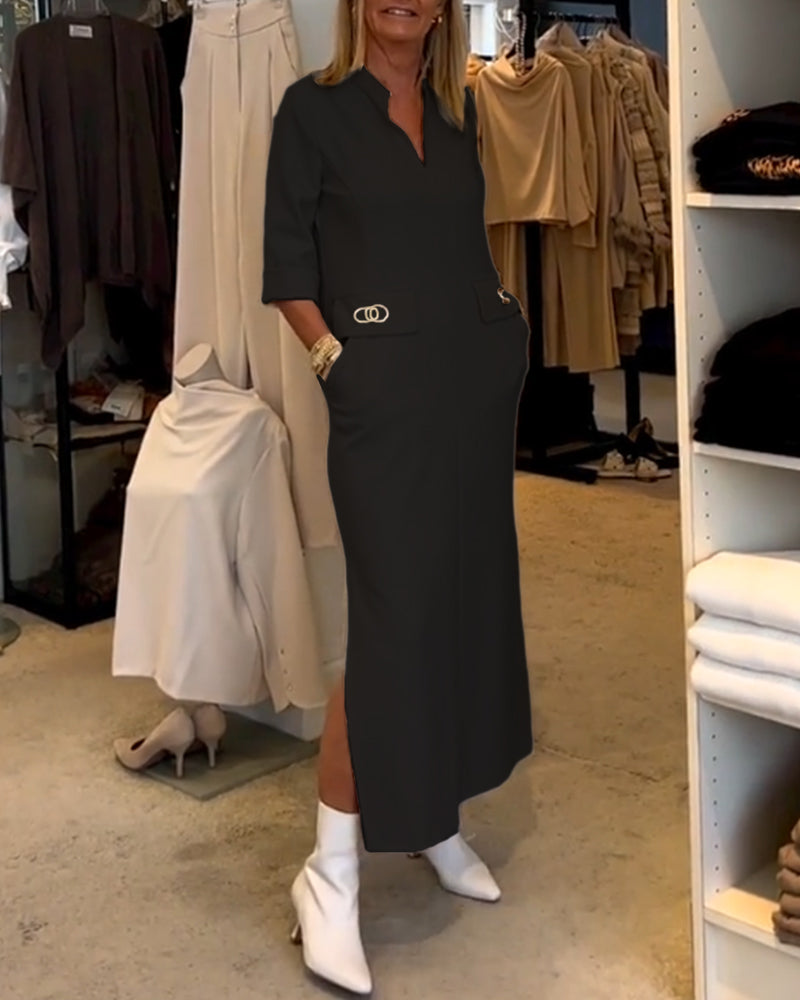 LM | Els|Single-colored dress with 3/4 sleeve slit