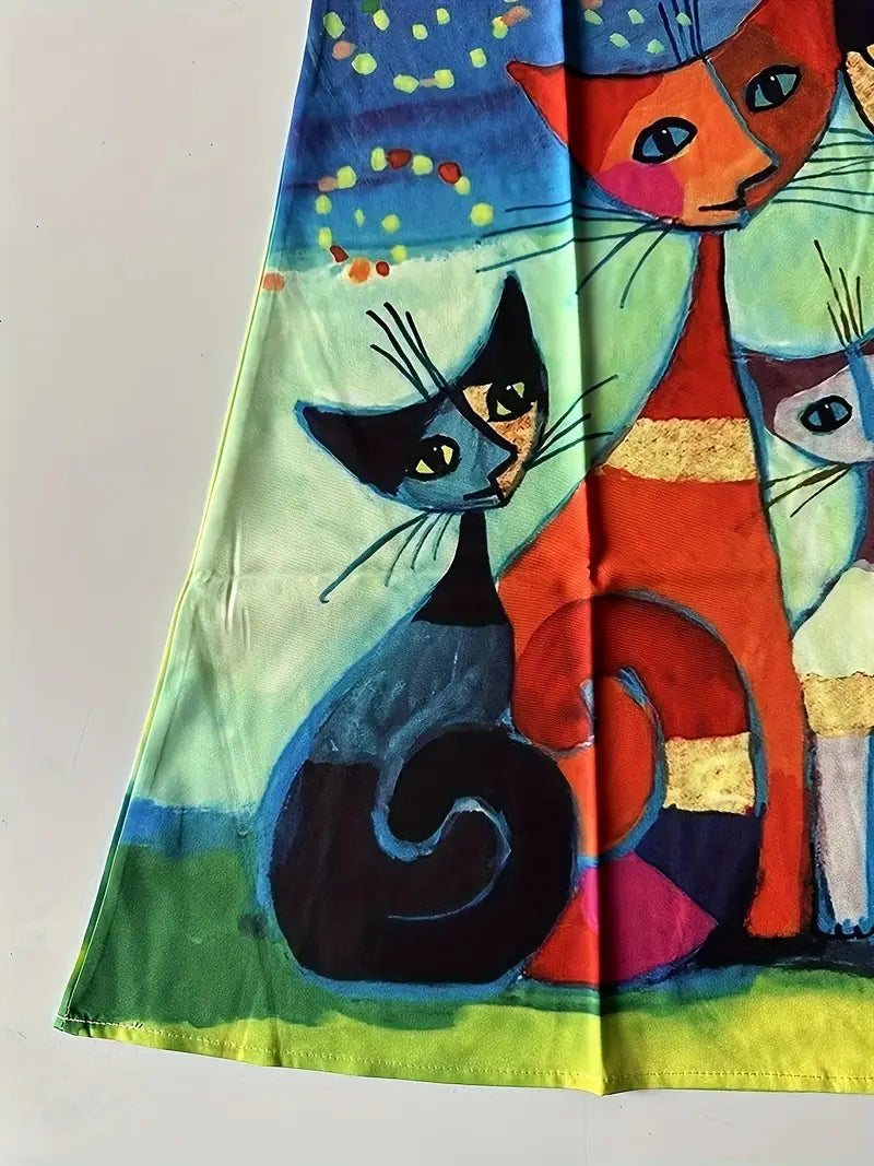 LM | Colorful cat art V-neck sleeveless midi dress for women
