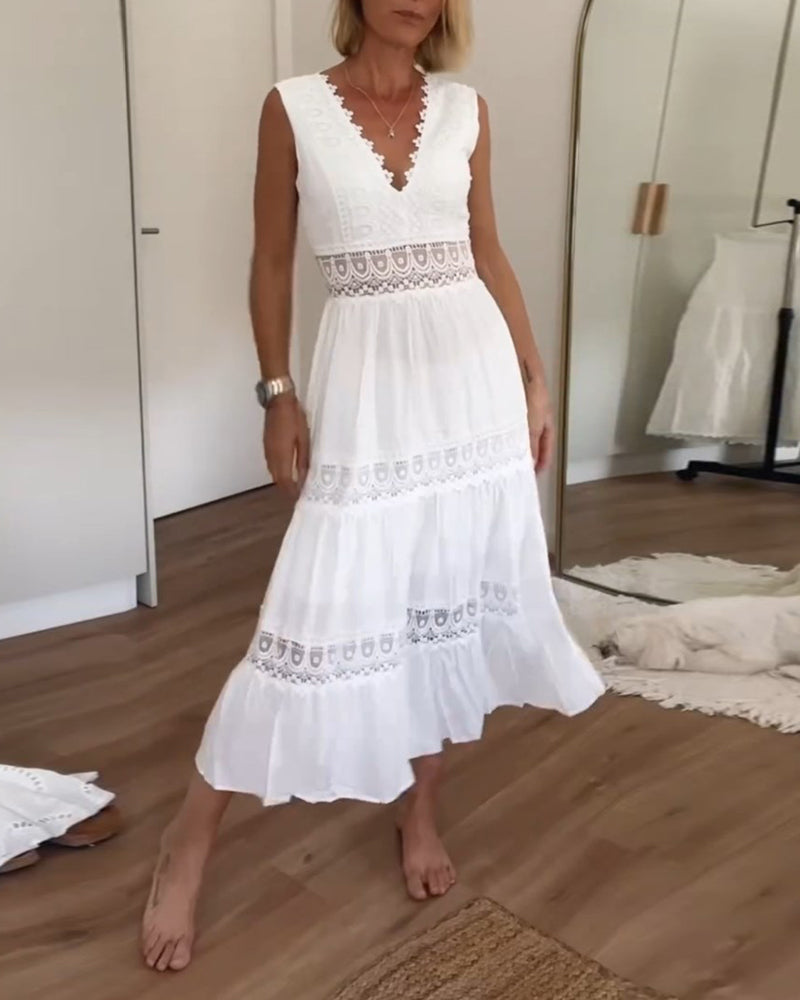 LM | Sleeveless summer dress with V-neck and lace for women