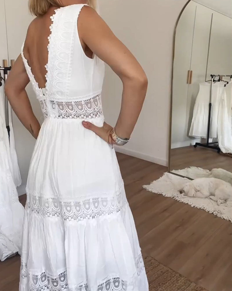 LM | Sleeveless summer dress with V-neck and lace for women