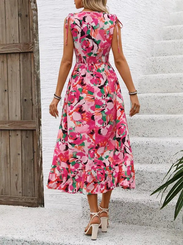 LM | Sleeveless printed dress with V-neck and belt