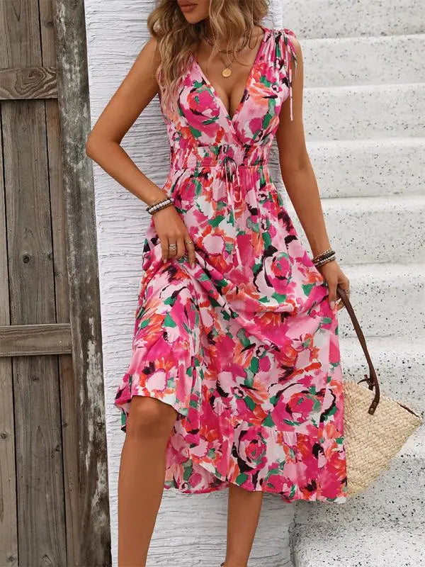 LM | Sleeveless printed dress with V-neck and belt
