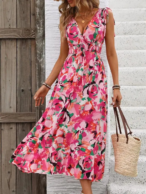 LM | Sleeveless printed dress with V-neck and belt