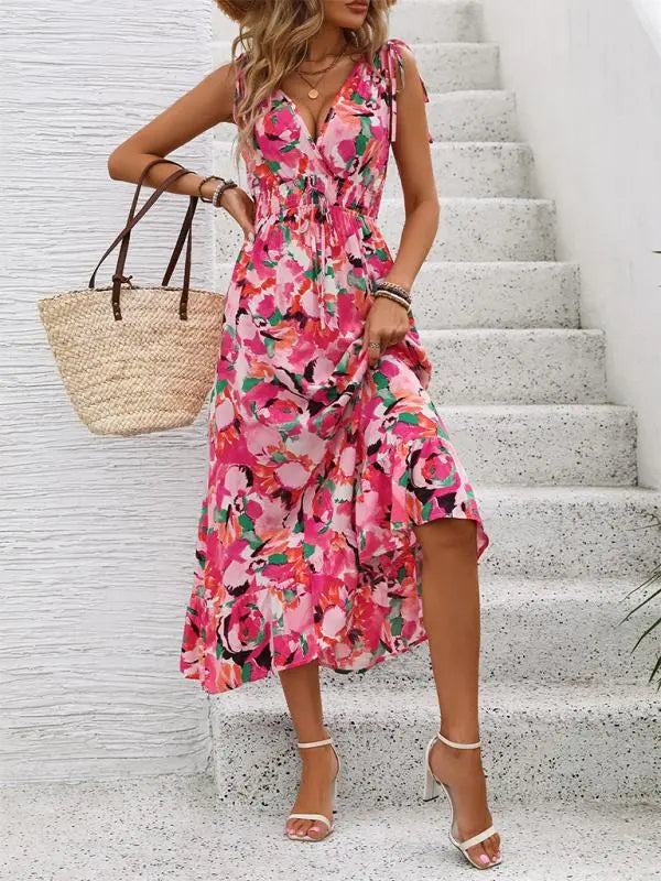 LM | Sleeveless printed dress with V-neck and belt