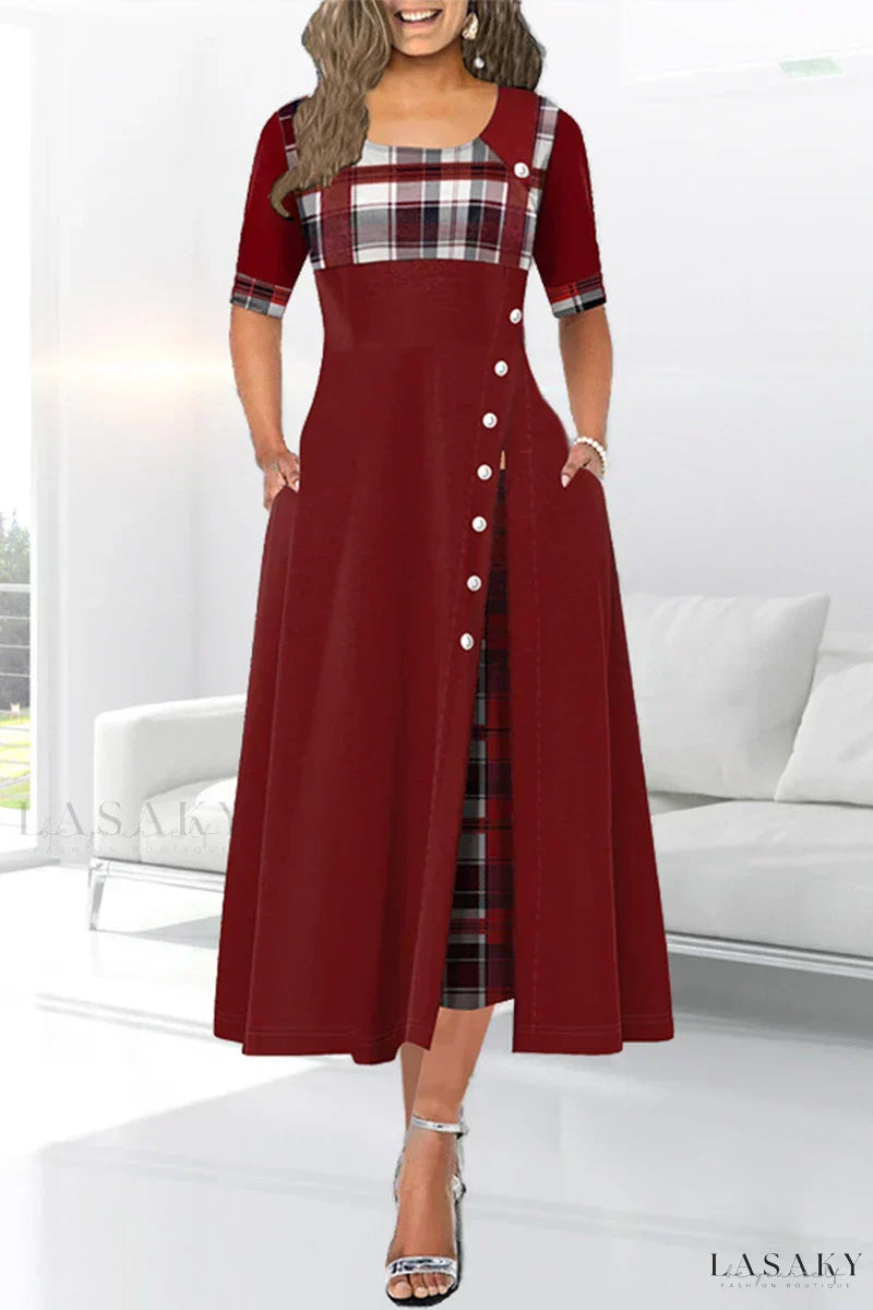 LM | Brown patchwork dress with cut-out at the waist