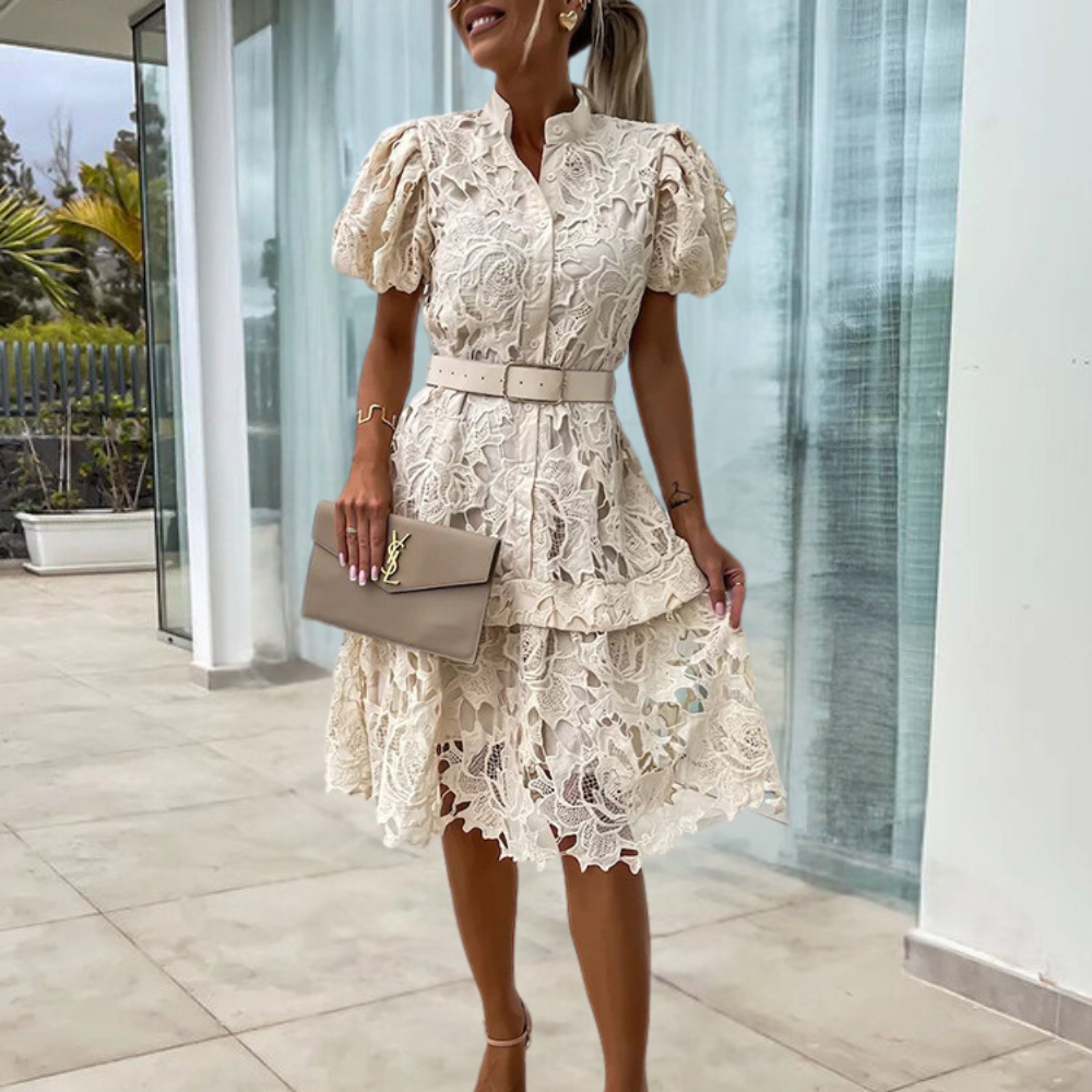LM | Women's lace dress with puff sleeves and belt