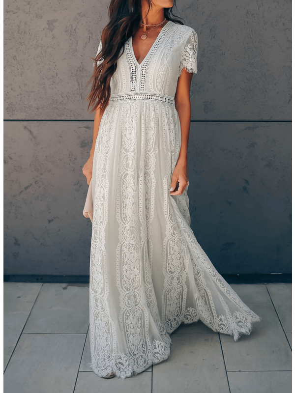 LM | Lace maxi dress with V-neck and short sleeves