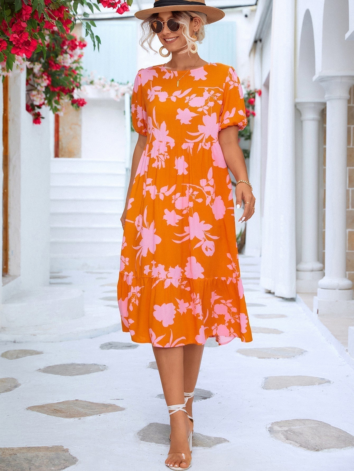 LM | Floral midi dress with puff sleeves and ruffled hem