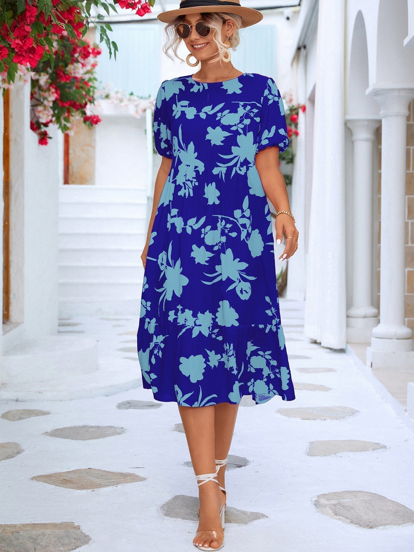 LM | Floral midi dress with puff sleeves and ruffled hem
