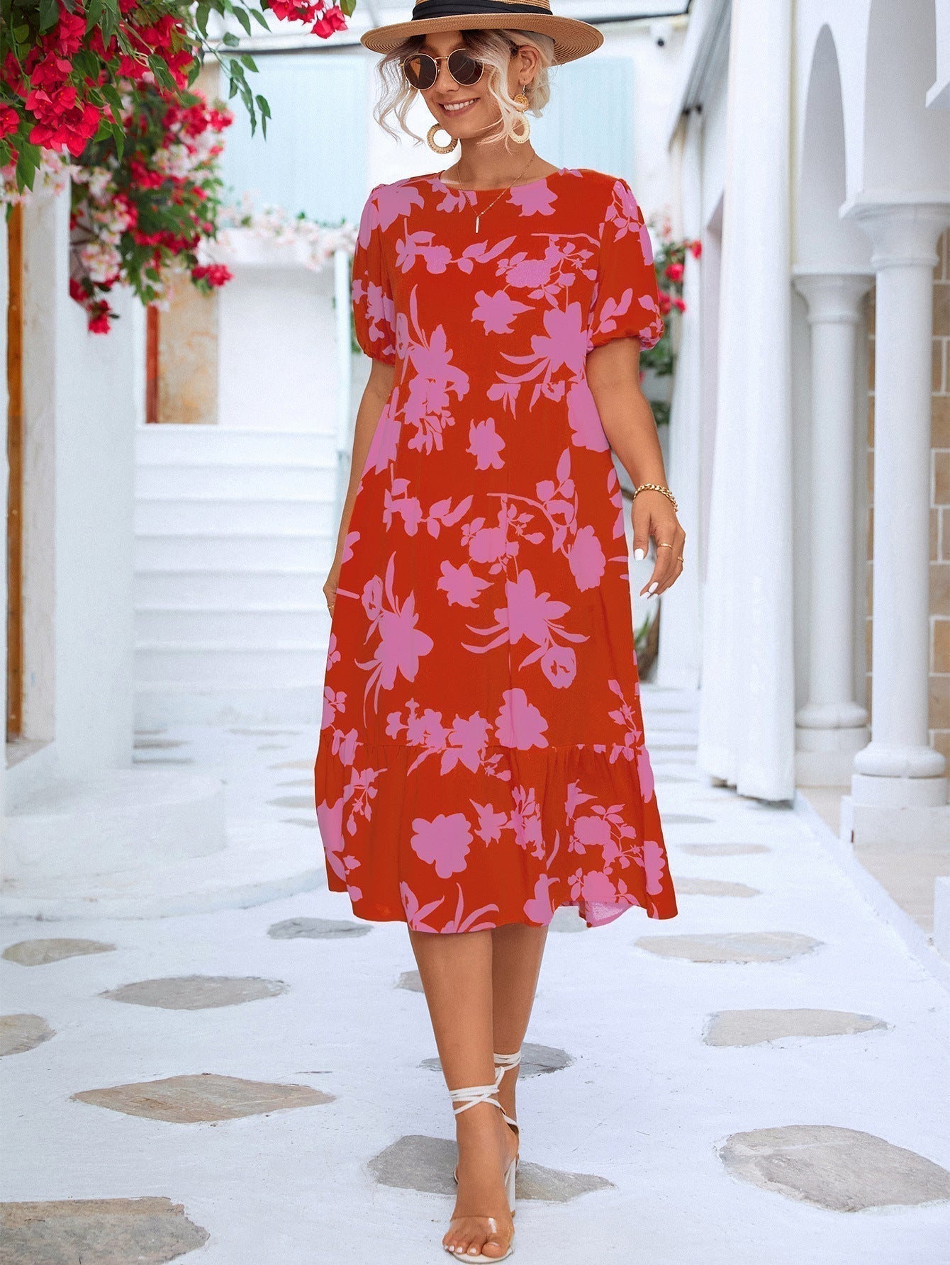 LM | Floral midi dress with puff sleeves and ruffled hem
