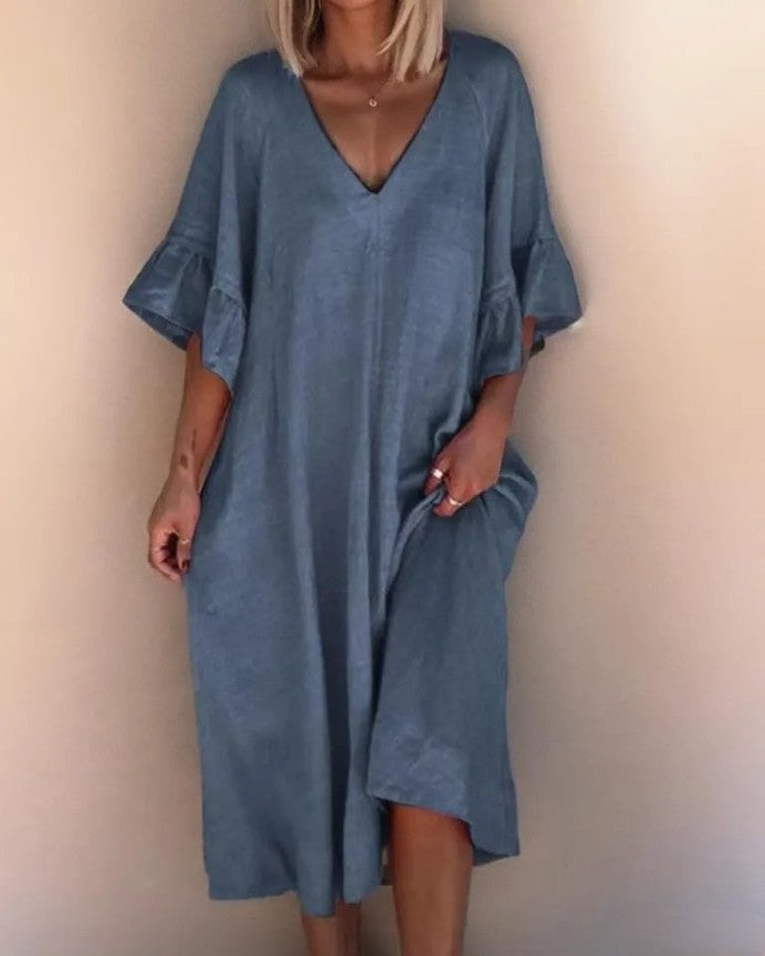 LM | Elegant plain-colored dress with V-neck and loose seams